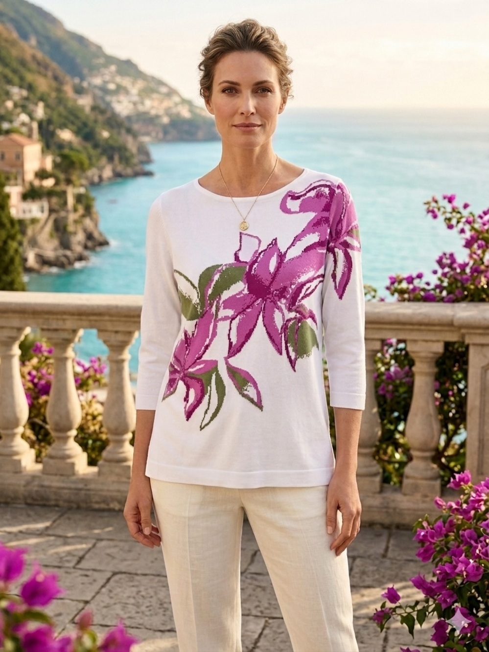 Chicos Purple Floral 3/4 Sleeve Sweater Size 3/XL